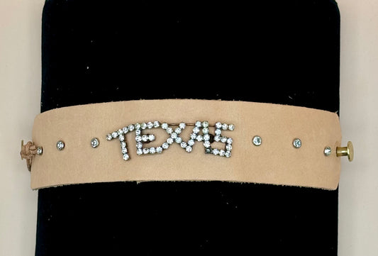 #211 Light Tan Leather Cuff Bracelet Enhanced a TEXAS Crystal Pin 7"