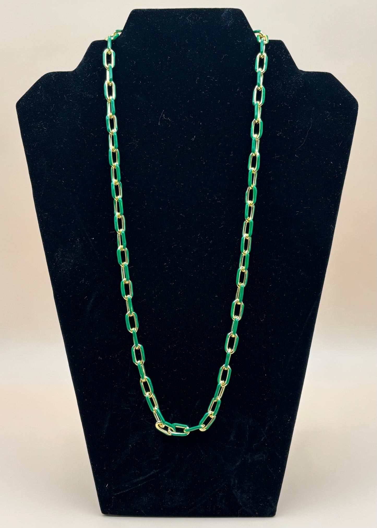 # 241 Kelly Green Enamel and Gold Large Paper Clip Chain Necklace 24"