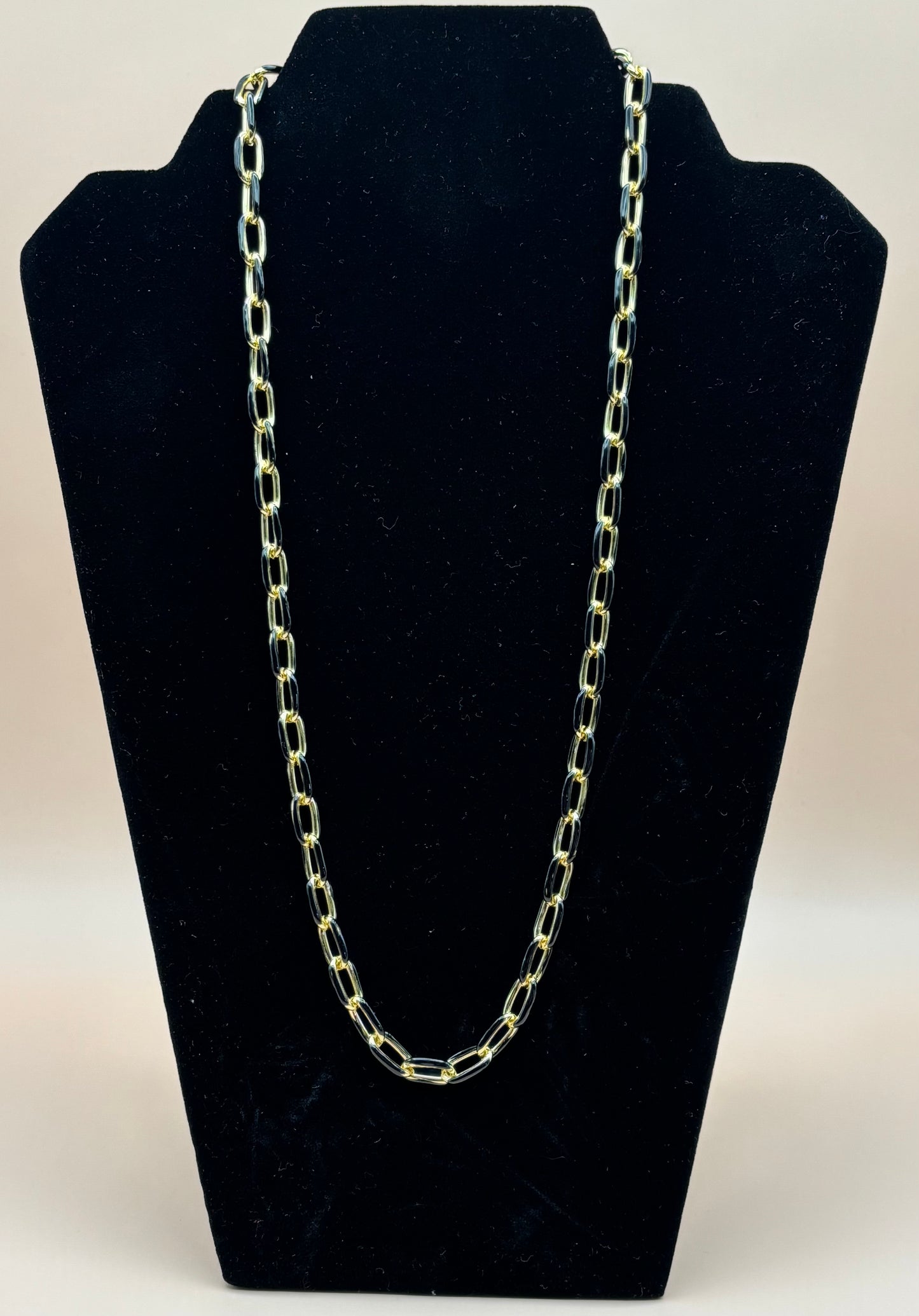 #243 Black Enamel and Gold Large Paper Clip Necklace 21"