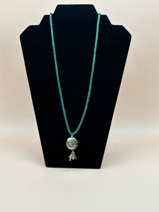 #260 Dark Green Shell necklace with Blown Glass Pendant and Swarovski Crystal Drops 33"