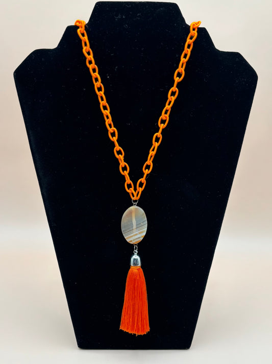 #280 Orange Silk Chain with a Beautiful Agate Stone and Orange Tassell Necklace 36"