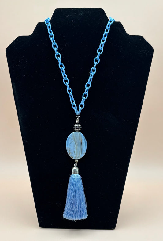 #281 Blue Silk Chain with Blue Lace Agate Stone and Blue Tassell Necklace 36"