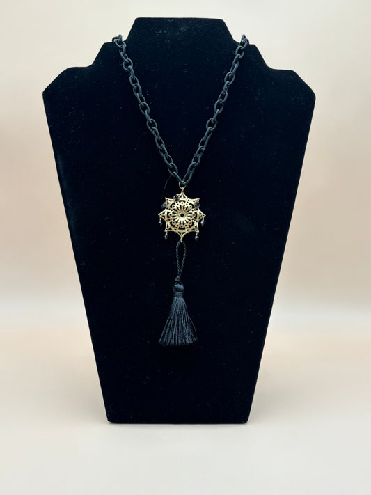 #282 Black Silk Chain with Gold-Filled Pin Wheel Enhanced by Mini Black Swarovski Crystal Necklace 36"