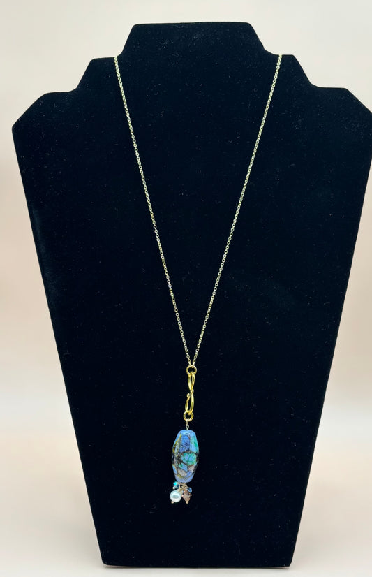 #284 Gold Filled Chain with Blue Agate Drop Crystal Necklace 38"