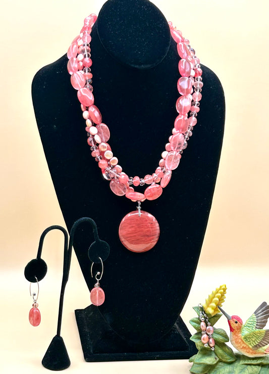 #69 Rose Pearl and Rose Quartz Necklace and Earrings
